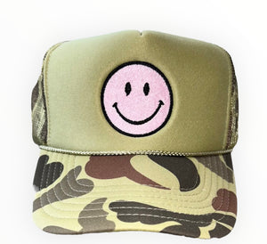 CAMO TRUCKER WITH PINK HAPPY FACE