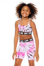 Load image into Gallery viewer, Tie Dye Bike Shorts w/ Love Waist Band - Hot Pink Blue Black and White
