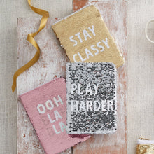 Load image into Gallery viewer, SILVER + WHITE SWIPE SEQUIN JOURNAL - WORK HARD &amp; PLAY HARDER
