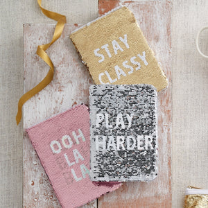 SILVER + WHITE SWIPE SEQUIN JOURNAL - WORK HARD & PLAY HARDER