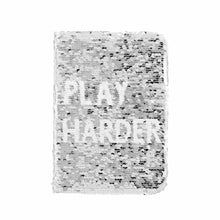 Load image into Gallery viewer, SILVER + WHITE SWIPE SEQUIN JOURNAL - WORK HARD &amp; PLAY HARDER
