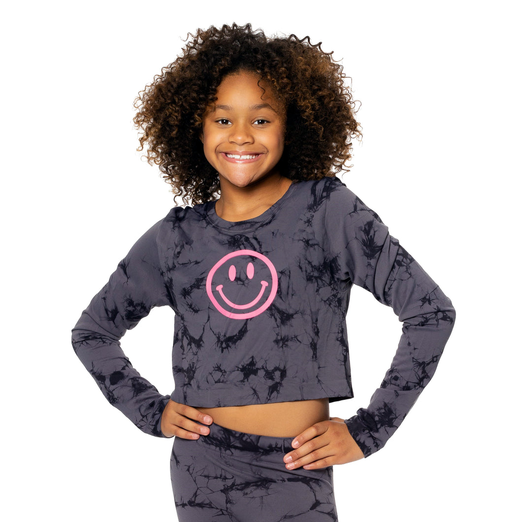 CHARCOAL + BLACK LONG SLEEVE SHIRT WITH A GLITTERY PINK SMILEY FACE