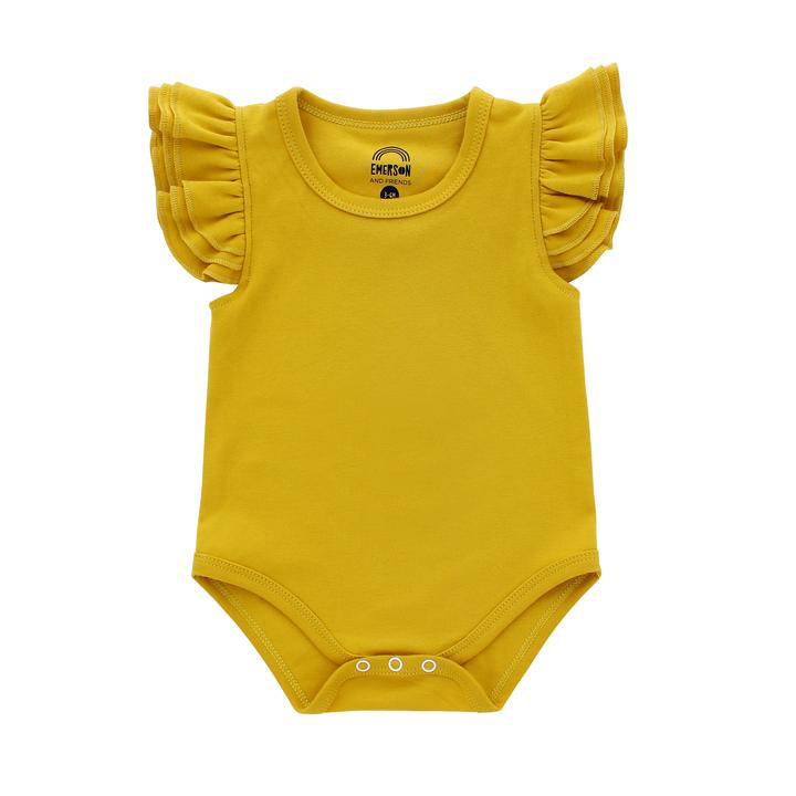 MUSTARD YELLOW FLUTTER SLEEVE ONESIE