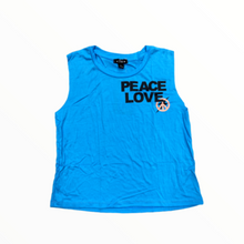 Load image into Gallery viewer, BLUE SLEEVELESS PEACE LOVE BOLT SHIRT
