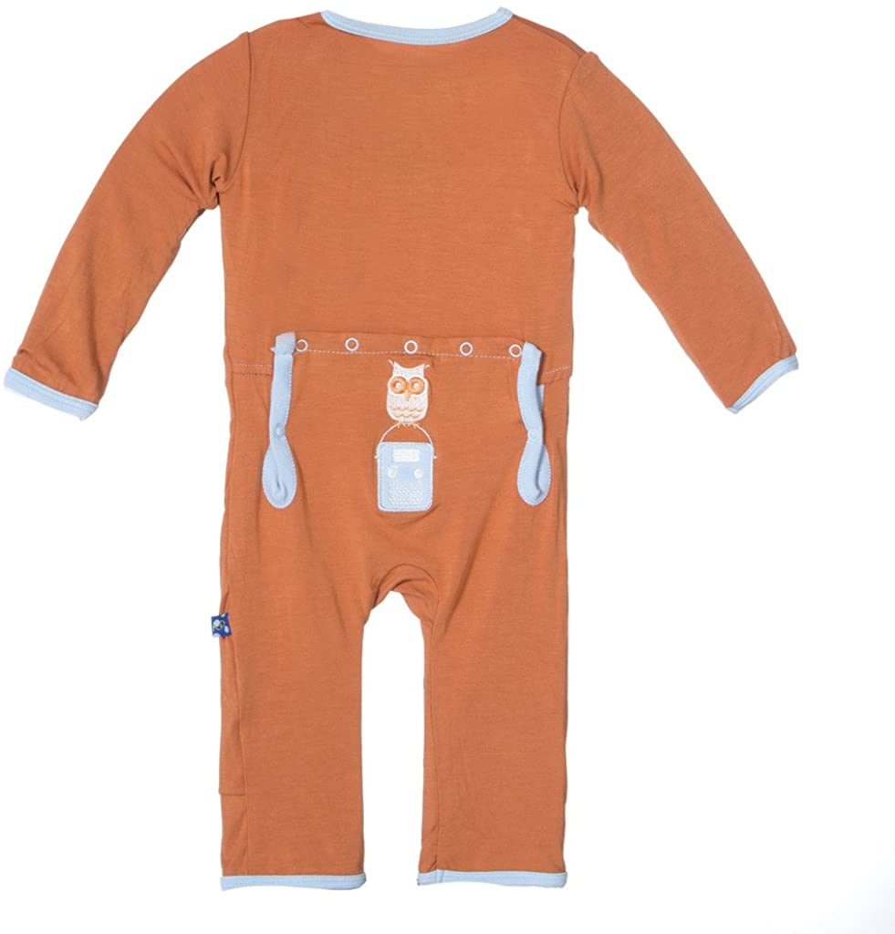 Kickee Pants:Copper Owl Long Sleeve Applique Coverall Pajamas