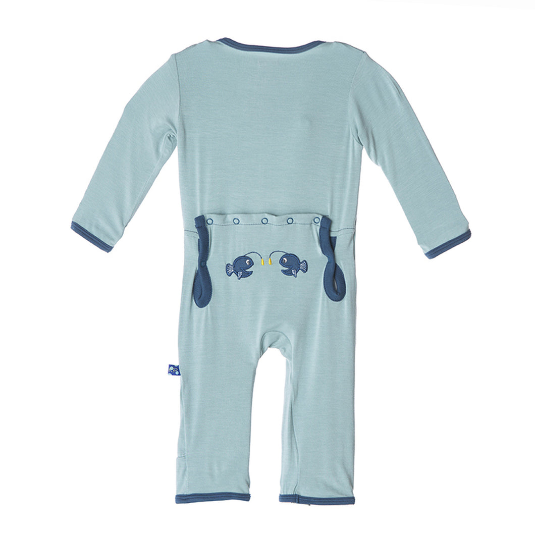 Kickee Pants:Jade Angler Fish Applique Coverall Long Sleeve Pajamas