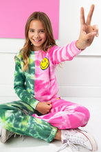 Load image into Gallery viewer, PINK + GREEN TIE DYE COLOR BLOCK CREW NECK SWEATSHIRT WITH SMILEY FACE
