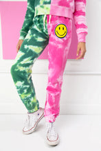 Load image into Gallery viewer, PINK + GREEN TIE DYE COLOR BLOCK CREW NECK SWEATSHIRT WITH SMILEY FACE
