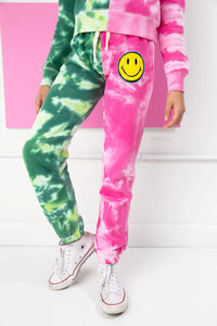 PINK + GREEN TIE DYE COLOR BLOCK CREW NECK SWEATSHIRT WITH SMILEY FACE