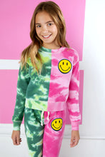 Load image into Gallery viewer, PINK + GREEN TIE DYE COLOR BLOCK CREW NECK SWEATSHIRT WITH SMILEY FACE
