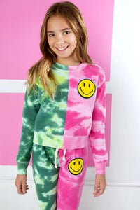 PINK + GREEN TIE DYE COLOR BLOCK CREW NECK SWEATSHIRT WITH SMILEY FACE