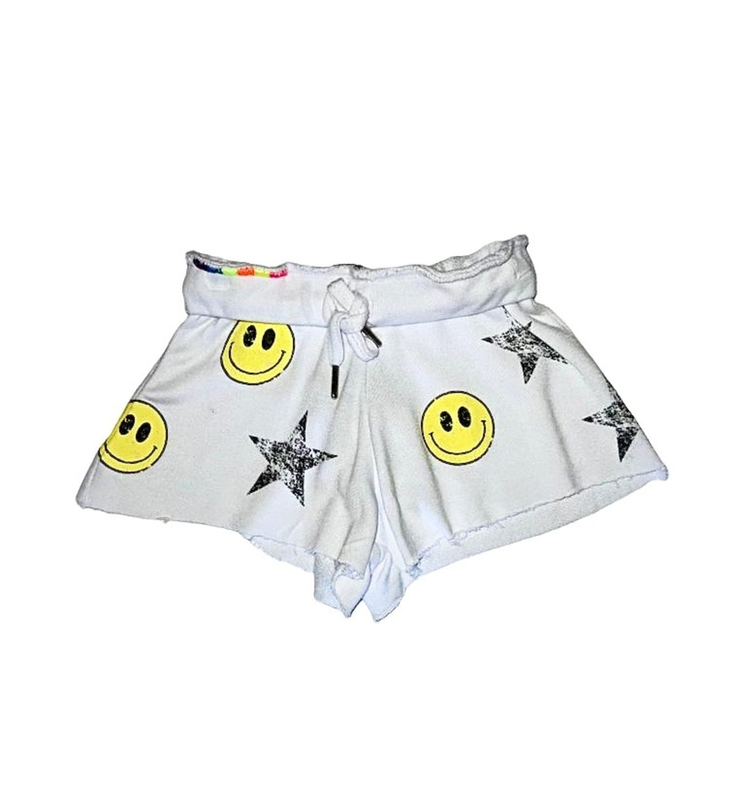 SHORTS WITH SMILEY FACES AND LARGE DISTRESSED BLACK STARS