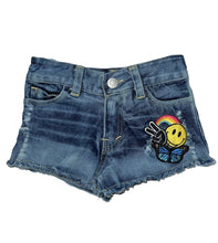 Load image into Gallery viewer, BUTTERFLY + PEACE SMILEY FACE RAINBOW PATCH DENIM SHORTS
