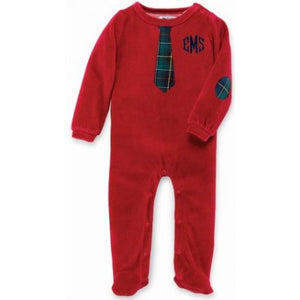 RED VELOUR FOOTED ONE PIECE WITH NECK TIE